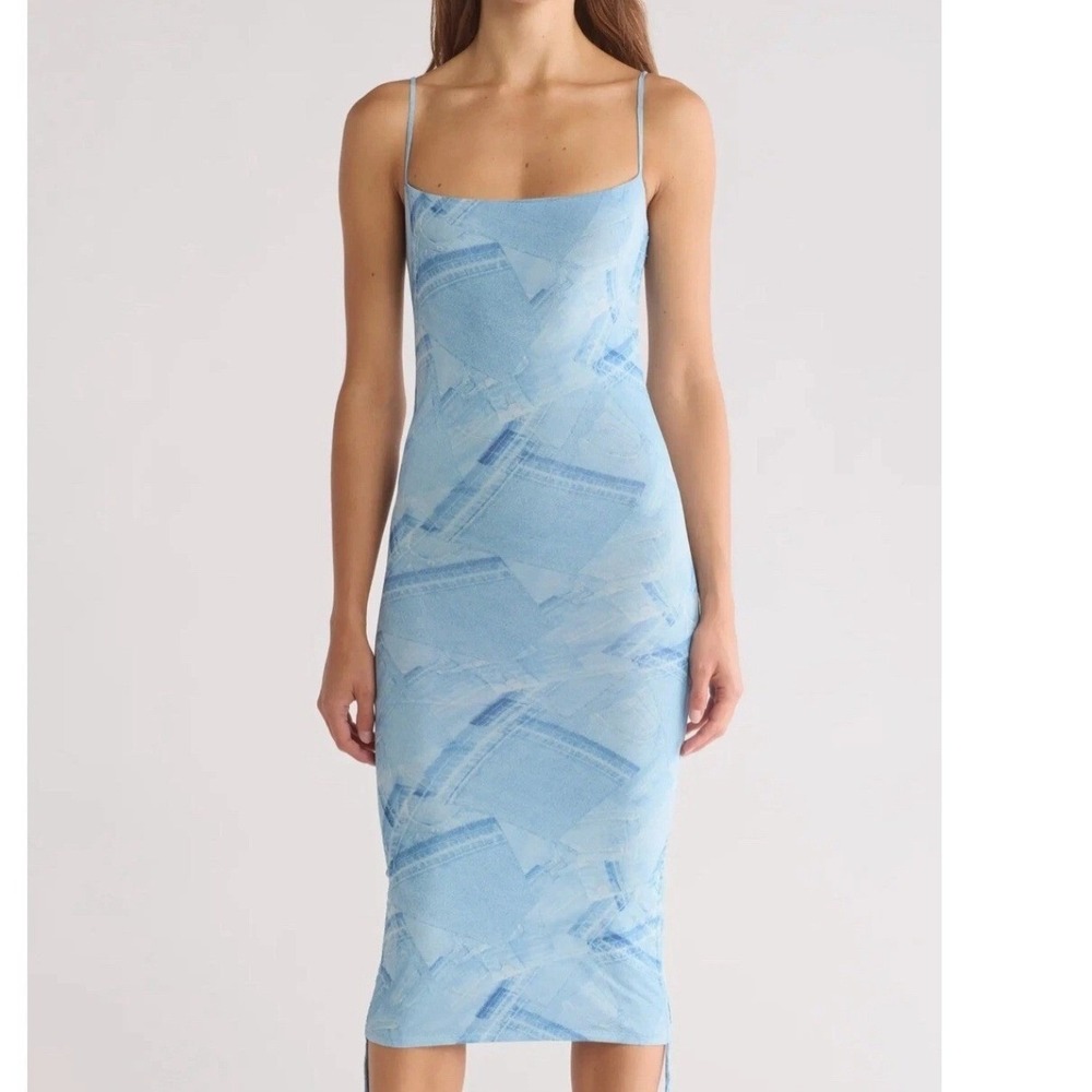 American Style Blue Denim Print Ruched Midiโ Slip Dress Spaghetti Straps Size 6